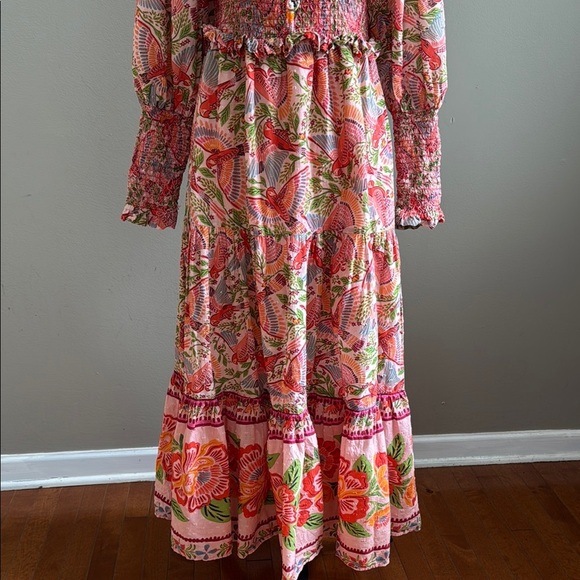 Farm Rio Macaw Flight Tiered Printed Cotton Smocked Floral Midi Dress Size M - Picture 7 of 17